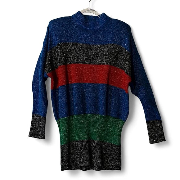 I.B DIFFUSION 80's Blue Black Red Green Metallic Strips Knit Long Sweater Size M - Picture 1 of 6